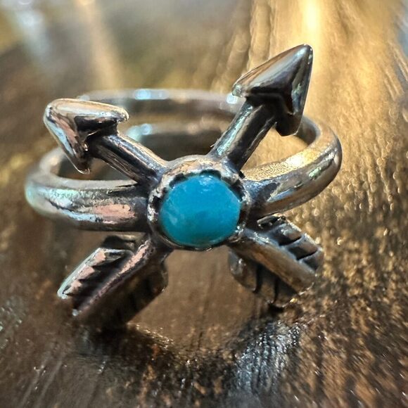 Boho Native American Friendship Arrow Adjustable Sterling Silver Turquoise Ring - Picture 1 of 9